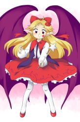 Rule 34 | 1girl, :d, bat wings, blonde hair, bow, elis (touhou), facial mark, flower, hair bow, hair flower, hair ornament, highres, holding, holding wand, long hair, long pointy ears, long sleeves, looking at viewer, nonamejd, official style, open mouth, pantyhose, pointy ears, puffy long sleeves, puffy sleeves, purple eyes, purple wings, red bow, red flower, red footwear, red skirt, shoes, skirt, smile, solo, star (symbol), star facial mark, star wand, touhou, touhou (pc-98), wand, white pantyhose, wings, zun (style)