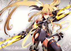 Rule 34 | 1girl, bare shoulders, black thighhighs, blonde hair, breasts, character name, commentary request, dual wielding, energy blade, fate testarossa, gauntlets, holding, kneeling, large breasts, long hair, lyrical nanoha, magic circle, millipen (medium), mizuki nana, orange eyes, suga leon, thighhighs, torn clothes, torn legwear, traditional media, twintails, very long hair
