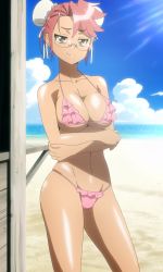 Rule 34 | 1girl, absurdres, beach, bikini, blue sky, breast hold, breasts, cleavage, cloud, crossed arms, double bun, glasses, highres, highschool of the dead, large breasts, legs, looking at viewer, pink hair, screencap, seductive smile, sideboob, sky, smile, solo, standing, stitched, sunlight, swimsuit, takagi saya, thighs, third-party edit, underboob