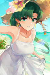 Rule 34 | 1girl, alternate costume, armpits, asymmetrical bangs, beach, blush, breasts, collarbone, day, dress, earrings, fire emblem, fire emblem: the blazing blade, flower, green eyes, green hair, hat, hat flower, highres, jewelry, leaning forward, long hair, looking at viewer, lyn (fire emblem), medium breasts, nintendo, ocean, ormille, outdoors, outstretched arm, parted bangs, parted lips, ponytail, skirt hold, sleeveless, sleeveless dress, smile, solo, sparkle, straw hat, sun hat, sundress, sunlight, tan, water, white dress