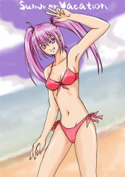Rule 34 | 1girl, :d, armpits, bad anatomy, bare shoulders, beach, beatmania, beatmania iidx, bikini, brown eyes, day, english text, grin, looking at viewer, mizushiro celica, open mouth, outdoors, pink hair, poorly drawn, red bikini, sand, shore, smile, solo, swimsuit, text focus, v, water, waving