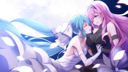 Rule 34 | 2girls, arm strap, backless dress, backless outfit, black dress, black gloves, blue eyes, blue hair, breasts, cleavage, closed eyes, closed mouth, dress, elbow gloves, floating hair, gloves, hair intakes, hair ornament, hairband, hatsune miku, highres, holding hands, interlocked fingers, large breasts, layered dress, long dress, long hair, looking at another, megurine luka, mikoto (mio), moon, multiple girls, parted lips, pink hair, sideboob, sleeveless, sleeveless dress, small breasts, smile, striped clothes, striped hairband, tears, twintails, very long hair, vocaloid, white dress, white gloves, yuri