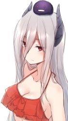 Rule 34 | 1girl, bare shoulders, bikini, blush, breasts, cleavage, closed mouth, collarbone, copyright request, hair between eyes, halterneck, highres, horns, long hair, looking at viewer, medium breasts, nagami yuu, on head, red bikini, red eyes, silver hair, simple background, solo, swimsuit, upper body, very long hair, white background