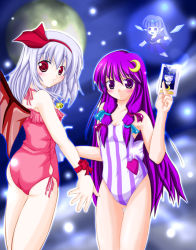 Rule 34 | 2girls, bat wings, casual one-piece swimsuit, crescent, crescent hair ornament, female focus, frilled swimsuit, frills, hair ornament, multiple girls, one-piece swimsuit, patchouli knowledge, remilia scarlet, striped clothes, striped one-piece swimsuit, swimsuit, touhou, wings