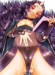 Rule 34 | 1girl, black hair, black panties, book, breasts, breasts out, cameltoe, cape, facial mark, fire emblem, fire emblem fates, forehead mark, frown, holding, holding book, lips, long hair, lying, messy hair, nintendo, nipples, nyx (fire emblem), on back, panties, pussy juice, pussy juice stain, red eyes, see-through, simple background, small breasts, solo, teruru, tiara, underwear, veil, very long hair