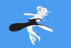 Rule 34 | 1girl, black dress, blue background, blue theme, disintegration, dissolving, dress, eyeball, floating clothes, full body, highres, limited palette, looking at viewer, mendakoanime, original, simple background, solo, surreal