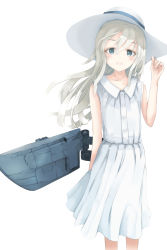 Rule 34 | 1girl, bare arms, bare legs, blush, collarbone, dress, eyes visible through hair, grey eyes, hat, highres, kantai collection, large hat, long hair, looking at viewer, momin, open mouth, pleated dress, rigging, smile, solo, sun hat, u-511 (kancolle), white dress, white hair, white hat