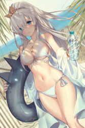 Rule 34 | 1girl, 2020, anastasia (fate), aqua eyes, aqua nails, bare shoulders, bikini, blurry, blurry background, blush, bottle, branch, breasts, cleavage, collarbone, commentary, day, english commentary, fate/grand order, fate (series), fence, flower, foreshortening, groin, hair flower, hair ornament, halterneck, high ponytail, highres, holding, holding swim ring, horizon, innertube, jewelry, large breasts, light smile, long hair, looking at viewer, lucidsky, nail polish, navel, ocean, outdoors, parted lips, side-tie bikini bottom, signature, skindentation, solo, standing, string bikini, swim ring, swimsuit, thighs, underboob, water, water bottle, wet, white bikini, white hair