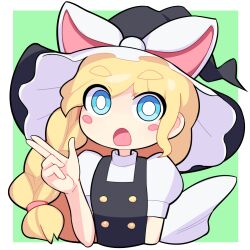 Rule 34 | 1girl, black hat, black outline, black vest, blonde hair, blue eyes, blush stickers, bow, braid, bright pupils, buttons, commentary request, cookie (touhou), finger gun, flat chest, green background, hat, hat bow, hospital king, kirisame marisa, long hair, looking at viewer, medium bangs, meguru (cookie), open mouth, outline, puffy short sleeves, puffy sleeves, shirt, short sleeves, single braid, solo, thick eyebrows, touhou, turtleneck, two-tone background, unfinished dream of all living ghost, upper body, vest, white background, white bow, white pupils, white shirt, witch hat