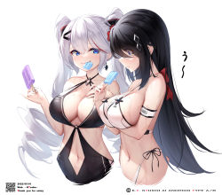 Rule 34 | 2girls, absurdres, arm under breasts, bikini, black hair, black one-piece swimsuit, black ribbon, blue eyes, blush, breast hold, breasts, closed mouth, commentary request, copyright request, drill hair, earrings, eyes visible through hair, food, food in mouth, food theft, from side, hair between eyes, hair ornament, hand up, hands up, highres, holding, holding food, jewelry, k.t.cube, large breasts, long hair, looking at another, mouth hold, multiple girls, navel, nose blush, one-piece swimsuit, popsicle, ribbon, simple background, stomach, strap gap, swimsuit, twin drills, twintails, very long hair, white background, white bikini, white hair