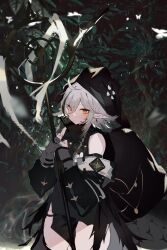 Rule 34 | 1girl, absurdres, ahoge, arknights, bare shoulders, black shirt, black thighhighs, blush, bug, butterfly, closed mouth, cowboy shot, crocodilian tail, flower, forest, gloves, goggles, goggles around neck, grey gloves, grey hair, highres, holding, holding staff, hood, hood up, hooded shirt, insect, large tail, looking at viewer, nature, orange eyes, partially fingerless gloves, pointy ears, shirt, solo, soukou makura, staff, tail, thick thighs, thighhighs, thighs, tomimi (arknights), torn clothes, torn thighhighs, white flower