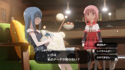 Rule 34 | 2girls, black dress, book, bowl, ceiling light, couch, counter, dialogue box, dialogue options, dress, fake screenshot, gameplay mechanics, holding, holding book, indoors, light particles, looking at another, magia record: mahou shoujo madoka magica gaiden, mahou shoujo madoka magica, mikazuki villa (magia record), multiple girls, nanami yachiyo, nintendo, on couch, parody, pillow, samidare (hoshi), sitting, standing, tamaki iroha, the legend of zelda, the legend of zelda: breath of the wild