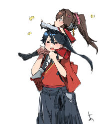 2girls aged_down black_hair black_hakama black_thighhighs brown_hair carrying closed_eyes clothes_writing cowboy_shot hakama headgear highres houshou_(kancolle) japanese_clothes kantai_collection kimono long_hair multiple_girls pleated_skirt ponytail red_kimono red_sailor_collar red_skirt sailor_collar sailor_shirt shirt shoulder_carry simple_background single_thighhigh skirt sunday_aki thighhighs white_background yamato_(kancolle)