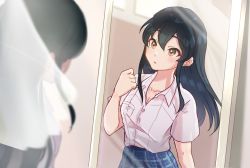 Rule 34 | 1girl, amaokoge, black hair, breasts, brown eyes, cleavage, collarbone, hair between eyes, idolmaster, idolmaster cinderella girls, idolmaster cinderella girls starlight stage, long hair, mirror, ohishi izumi, parted lips, plaid, plaid skirt, reflection, shirt, skirt, solo, white shirt