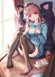 Rule 34 | 1girl, ahoge, alternate costume, animal ears, bison cangshu, black thighhighs, blue eyes, book, casual, cat ears, food, full body, game console, handheld game console, head tilt, headphones, hood, hood down, hoodie, indoors, knees together feet apart, knees up, long hair, looking at viewer, mouth hold, no pants, no shoes, pigeon-toed, pillow, pink hair, pocky, sitting, sketch, solo, thighhighs, tirpitz (warship girls r), warship girls r, window