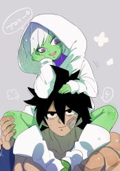 Rule 34 | 10s, 1boy, 1girl, alien, bad id, bad pixiv id, bandaid, bandaid on face, black hair, boots, broly (dragon ball super), cheelai, colored skin, dragon ball, dragon ball super, dragon ball super broly, eyelashes, green skin, grey background, hand on another&#039;s head, hand on own face, head tilt, hood, hoodie, muscular, open mouth, purple eyes, scar, shiny skin, short hair, sitting, sitting on shoulder, smile, speech bubble, spiked hair, srm burorisuto, translation request, upper body, white footwear, white hair, white hoodie