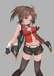 Rule 34 | 1girl, absurdres, azur lane, belly, belt, black thighhighs, blue eyes, breasts, brown hair, cleavage, cleavage cutout, clothing cutout, commentary request, fingerless gloves, gloves, grey background, groin, highres, jacket, le mars (azur lane), medium breasts, navel, short hair, shorts, side ponytail, simple background, solo, tan, tanline, the hermit, thighhighs