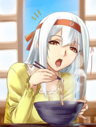 Rule 34 | 10s, 1girl, alternate costume, bowl, brown eyes, brown hair, casual, eating, food, hairband, headband, ishii hisao, kantai collection, long hair, noodles, open mouth, shoukaku (kancolle), silver hair, solo, steam, upper body, white background