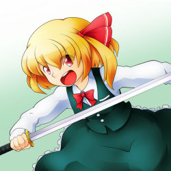 Rule 34 | &gt;:d, 1girl, :d, bbb (33kudo), blonde hair, blouse, bow, bowtie, cosplay, frilled skirt, frills, hair ribbon, katana, konpaku youmu, konpaku youmu (cosplay), open mouth, ribbon, rumia, shirt, skirt, smile, solo, sword, touhou, v-shaped eyebrows, vest, weapon