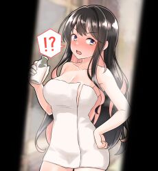 Rule 34 | !?, 1girl, after bathing, black hair, bottle, breasts, cleavage, colored inner hair, furaggu (frag 0416), highres, holding, holding bottle, kantai collection, large breasts, long hair, milk bottle, multicolored hair, naganami (kancolle), naked towel, open mouth, pink hair, solo, spoken interrobang, surprised, towel, two-tone hair, wavy hair, white towel, yellow eyes