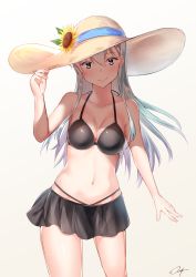 Rule 34 | 1girl, aqua eyes, aqua hair, arm at side, bare arms, bare legs, bikini, bikini top only, black bikini, black skirt, blush, breasts, cleavage, collarbone, flower, hair ornament, hair over shoulder, hairclip, hat, highres, holding, holding clothes, holding hat, kantai collection, large breasts, long hair, looking at viewer, miniskirt, navel, open mouth, shaded face, signature, simple background, skirt, smile, solo, standing, stomach, string bikini, string tie, sun hat, sunflower, suzuya (kancolle), swimsuit, yukai nao