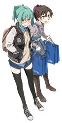 Rule 34 | &gt;:), 2girls, akigumo (kancolle), backpack, bag, belt, black footwear, black legwear, blue dress, blue shirt, blue skirt, boots, bow, brown eyes, brown footwear, brown hair, collared shirt, commentary request, converse, cross-laced footwear, dress, dress shirt, eyes visible through hair, full body, green bow, green hair, grey shirt, grin, hair between eyes, hair bow, hands in pockets, high ponytail, holding, holding bag, jacket, kantai collection, knee boots, lace-up boots, layered clothes, leaning forward, letterman jacket, long hair, long sleeves, looking at viewer, miniskirt, multiple girls, ningen (ningen96), oekaki, open clothes, open jacket, pantyhose, parted bangs, purple bow, red-framed eyewear, semi-rimless eyewear, shirt, shoes, shopping bag, short dress, short hair, short ponytail, simple background, skirt, smile, sneakers, standing, teeth, thighhighs, under-rim eyewear, v-shaped eyebrows, white background, white belt, wing collar, yellow eyes, yuubari (kancolle)