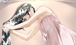 Rule 34 | 1girl, bare arms, bare shoulders, black hair, blush, commentary request, covered mouth, dress, from below, highres, long hair, looking away, original, pentagon (railgun ky1206), pink dress, purple eyes, sleeveless, sleeveless dress, soap bubbles, solo, standing, very long hair, washing hair