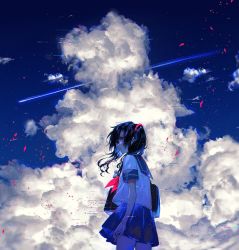 Rule 34 | 1girl, bag, black hair, cloud, commentary, contrast, from behind, glitch, highres, holding, holding bag, kuga huna, long hair, looking at viewer, looking back, miniskirt, neckerchief, original, pink neckerchief, pleated skirt, sailor collar, school uniform, serafuku, shooting star, skirt, sky, solo, star (sky), starry sky, tagme, twintails