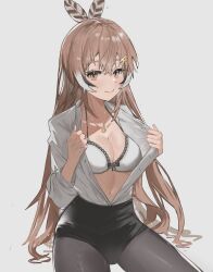 Rule 34 | 1girl, absurdres, ahoge, black shorts, bra, breasts, brown eyes, brown hair, collarbone, collared shirt, crossed bangs, dimas (dimas79756948), feather hair ornament, feathers, formal, hair ornament, hairclip, highres, hololive, hololive english, jewelry, long hair, long sleeves, looking at viewer, medium breasts, multicolored hair, nanashi mumei, navel, necklace, office lady, open clothes, open shirt, pantyhose, ponytail, runes, shirt, shorts, sidelocks, simple background, sitting, smile, solo, streaked hair, sweat, sweatdrop, underwear, undressing, very long hair, virtual youtuber, white background, white bra, white shirt