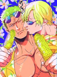Rule 34 | 2boys, beard, black eyes, blonde hair, blue background, collarbone, colored skin, corn, curly eyebrows, dondoko, english text, eyewear on head, facial hair, fingernails, floral background, food, food on face, furrowed brow, green hair, hair between eyes, hair over one eye, hawaiian shirt, holding, holding corn, holding food, jewelry, kiss, kissing cheek, large pectorals, looking at another, male focus, multiple boys, necklace, nipples, one eye closed, one piece, orange shirt, pectoral cleavage, pectorals, red shirt, rope necklace, roronoa zoro, sanji (one piece), scar, scar across eye, scar on chest, scar on face, shirt, short hair, simple background, speech bubble, sunglasses, tan, v-shaped eyebrows, white skin, yaoi