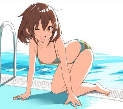 Rule 34 | 10s, 1girl, ;d, all fours, arm support, bare arms, bare legs, bare shoulders, barefoot, bikini, blush, breasts, brown eyes, brown hair, collarbone, commentary request, dripping, hair between eyes, hair ornament, hairclip, ikazuchi (kancolle), kantai collection, looking at viewer, multicolored bikini, multicolored clothes, multicolored stripes, one eye closed, open mouth, outdoors, pool, pool ladder, poolside, short hair, sketch, small breasts, smile, solo, striped bikini, striped clothes, suruga (xsurugax), swimsuit, tareme, water, water drop, wet, wet hair