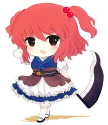 Rule 34 | 1girl, apron, arm up, belt, black belt, black footwear, blue dress, blush, breasts, chibi, coin, commentary request, dress, fang, frills, full body, hair between eyes, hair bobbles, hair ornament, hand up, holding, holding scythe, holding weapon, looking at viewer, medium breasts, onozuka komachi, open mouth, pink hair, puffy short sleeves, puffy sleeves, red eyes, rei (tonbo0430), scythe, shadow, shirt, shoes, short hair, short sleeves, short twintails, simple background, smile, socks, solo, standing, tongue, touhou, twintails, weapon, white apron, white background, white shirt, white socks