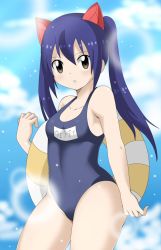 Rule 34 | 1girl, blue hair, brown eyes, dmayaichi, flat chest, highres, one-piece swimsuit, school swimsuit, simple background, swimsuit, twintails, wendy marvell