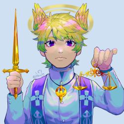 Rule 34 | 1boy, 1hkujlog, balance scale, blonde hair, blue background, closed mouth, collared jacket, commentary, eyelashes, head wings, highres, holding, holding knife, holding scale, jacket, jewelry, knife, long sleeves, male focus, michael (housamo), necklace, purple eyes, shirt, short hair, solo, thick eyebrows, tokyo houkago summoners, twitter username, upper body, weighing scale, white shirt, wings