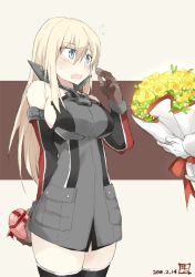 Rule 34 | 10s, 1girl, 2016, anchor, arm behind back, bare shoulders, bismarck (kancolle), black thighhighs, blonde hair, blue eyes, blush, bouquet, breasts, brown gloves, cowboy shot, dated, detached sleeves, eyebrows, flower, flying sweatdrops, gift, gloves, hair between eyes, hand up, heart, holding, holding gift, kantai collection, large breasts, long hair, long sleeves, looking at another, multicolored background, no headwear, open mouth, pouch, shigino sohuzi, sidelocks, signature, sleeveless, solo, sweatdrop, thighhighs, two-tone background, uniform, white gloves, zettai ryouiki