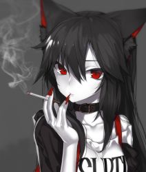 Rule 34 | 1girl, alternate costume, animal ears, belt collar, black background, black hair, black jacket, breasts, cigarette, closed mouth, clothes writing, collar, collarbone, colored skin, commentary request, contemporary, fingernails, hair between eyes, highres, hitoshi, holding, holding cigarette, imaizumi kagerou, jacket, long fingernails, long hair, looking at viewer, medium breasts, nail polish, off shoulder, red eyes, red nails, shirt, simple background, smoke, solo, touhou, upper body, white shirt, white skin, wolf ears