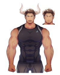 Rule 34 | 1boy, ^ ^, bara, bare arms, bare shoulders, black pants, bone horns, brown hair, closed eyes, commentary, commission, covered abs, cropped legs, dark-skinned male, dark skin, english commentary, expressions, facial hair, goatee, horns, impossible clothes, large pectorals, locksuke, male focus, mature male, muscular, muscular male, original, pants, pectorals, shirt, short hair, sideburns, skeb commission, smile, tight clothes, tight shirt, veins, virtual youtuber, white background