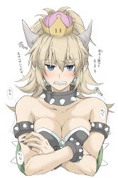 Rule 34 | 1girl, armlet, bare shoulders, blonde hair, blue eyes, bowsette, bracelet, breasts, collar, crown, earrings, elf (stroll in the woods), highres, horns, jewelry, large breasts, long hair, looking at viewer, mario (series), new super mario bros. u deluxe, nintendo, pointy ears, ponytail, sharp teeth, simple background, solo, spiked bracelet, spiked collar, spikes, super crown, teeth, white background