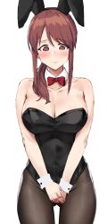 Rule 34 | 1girl, @ @, animal ears, anti (0324), bare shoulders, black leotard, blush, bow, bowtie, breasts, brown eyes, brown hair, cleavage, covered navel, detached collar, fake animal ears, highres, hip focus, idolmaster, idolmaster cinderella girls, large breasts, leotard, long hair, looking down, mifune miyu, pantyhose, playboy bunny, ponytail, rabbit ears, red bow, red bowtie, sidelocks, simple background, solo, swept bangs, thighs, white background, wrist cuffs