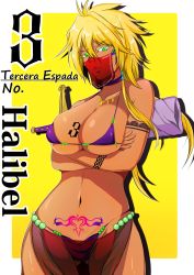 Rule 34 | 1girl, absurdres, alternate costume, bikini, bleach, blonde hair, border, breast tattoo, breasts, character name, cleavage, collarbone, crossed arms, facial mark, female focus, green eyes, harem outfit, highres, komangbeuli, large breasts, loincloth, long hair, mask, mouth mask, navel, pubic tattoo, purple bikini, see-through, solo, swimsuit, sword, tattoo, tier harribel, underboob, weapon, white border, yellow background