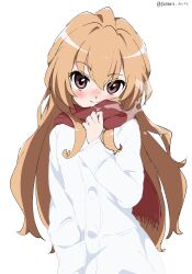 Rule 34 | 1girl, absurdres, aisaka taiga, blush, brown eyes, closed mouth, coat, commentary, hair between eyes, hand in pocket, highres, light brown hair, long hair, long sleeves, looking at viewer, red scarf, scarf, simple background, smile, solo, toradora!, twitter username, upper body, white background, white coat, white gorilla (okamoto), winter clothes