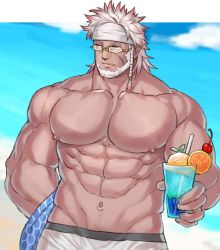 Rule 34 | 1boy, abs, warrior of light (ff14), bara, braid, character request, check character, copyright request, final fantasy, final fantasy xiv, glasses, headband, large pectorals, male focus, male swimwear, mature male, muscular, muscular male, navel, nipples, pectorals, single braid, solo, swim trunks, swimsuit, topless male, uori, white male swimwear, white swim trunks