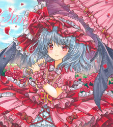 Rule 34 | 1girl, bat wings, blue hair, bow, bowtie, buttons, closed mouth, cowboy shot, day, dot nose, dress, field, flower, flower field, frilled cuffs, frilled dress, frilled hat, frilled ribbon, frilled umbrella, frills, hat, hat ribbon, holding, holding umbrella, layered dress, light blush, looking at viewer, marker (medium), mob cap, outdoors, parasol, petals, pink dress, pink hat, pink umbrella, plaid, plaid bow, puffy short sleeves, puffy sleeves, red bow, red dress, red eyes, red flower, red hat, red ribbon, red rose, remilia scarlet, ribbon, ribbon-trimmed dress, rose, rose petals, rui (sugar3), sample watermark, shikishi, short sleeves, silver hair, smile, solo, standing, striped, striped bow, touhou, traditional bowtie, traditional media, two-tone dress, two-tone headwear, umbrella, watermark, white bow, white bowtie, wings, wrist cuffs