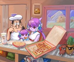 Rule 34 | 1boy, 2girls, black hair, colored skin, combat helmet, commentary, crash bandicoot (series), crate, crossover, cup, door, eating, english commentary, facial hair, food, freedom planet, galaxytrail, greaseball, green headwear, helmet, highres, horns, indoors, long hair, multiple girls, mustache, painting (object), peppino spaghetti, pineapple toppin (pizza tower), pizza, pizza tower, profitshame, purple hair, purple skin, red eyes, sash lilac, sausage toppin (pizza tower), tomato toppin (pizza tower), white headwear