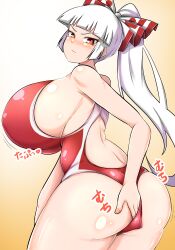 Rule 34 | 1girl, absurdres, adjusting clothes, adjusting swimsuit, ass, blush, breasts, fujiwara no mokou, highres, huge breasts, long hair, norori, one-piece swimsuit, ponytail, red eyes, solo, swimsuit, touhou, white hair