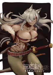 Rule 34 | 1girl, abs, absurdres, animal ears, bare shoulders, belt, black gloves, breasts, choker, copyright name, dark-skinned female, dark skin, eyepatch, fighting stance, fur trim, ghislaine dedoldia, gloves, highres, holding, holding sword, holding weapon, jacket, large breasts, long hair, looking at viewer, muscular, muscular female, mushoku tensei, navel, off shoulder, red eyes, scar, scar on face, sheath, sheathed, solo, sword, tail, takahashi mizuki, thong, weapon