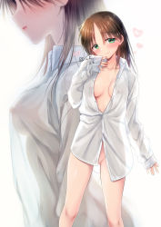 Rule 34 | 1girl, blush, breasts, brown hair, closed mouth, full body, green eyes, hair between eyes, long hair, long sleeves, looking at viewer, medium breasts, mikami mika, nipples, nude, original, see-through, shirt, simple background, solo, standing, white background