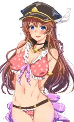 Rule 34 | 10s, 1girl, arms behind back, bikini, blue eyes, blush, braid, breasts, brown hair, cameltoe, clearite, detached collar, embarrassed, covered erect nipples, flying sweatdrops, frilled bikini, frills, granblue fantasy, hat, highres, lecia (granblue fantasy), long hair, looking at viewer, navel, open mouth, peaked cap, polka dot, polka dot bikini, polka dot swimsuit, simple background, smile, solo, sweatdrop, swimsuit, thigh gap