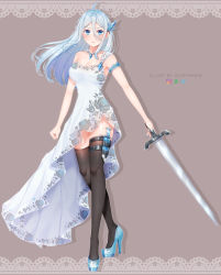 Rule 34 | 1girl, ahoge, artist name, bare arms, bare shoulders, black thighhighs, blue footwear, blue hair, blue nails, blush, breasts, cleavage, collarbone, commentary, commission, dagger, deviantart logo, dress, gem, grey background, hair between eyes, high heels, highres, instagram logo, knife, large breasts, long hair, looking at viewer, nail polish, original, pumps, puppypaww, shoes, simple background, solo, thighhighs, twitter logo, weapon, white dress