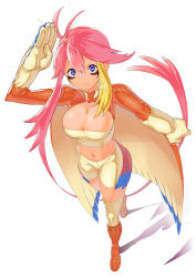 Rule 34 | 1girl, absurdres, alternate hair color, blue eyes, boots, breasts, cape, cleavage, cosplay, creatures (company), female focus, from above, frown, game freak, gen 1 pokemon, gloves, hand up, highres, knee boots, large breasts, mega pidgeot, mega pokemon, midriff, navel, nintendo, pidgeot, pink hair, pokemon, pokemon bw, salute, simple background, skyla (pokemon), solo, toranoe